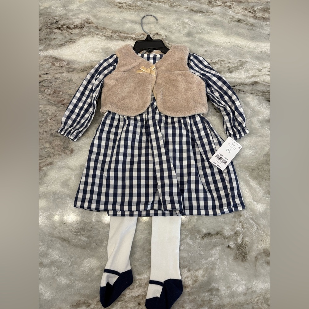 NWT Baby Girl Carter's Buffalo Check Print Dress, Faux Fur Vest, Tights Set 12M